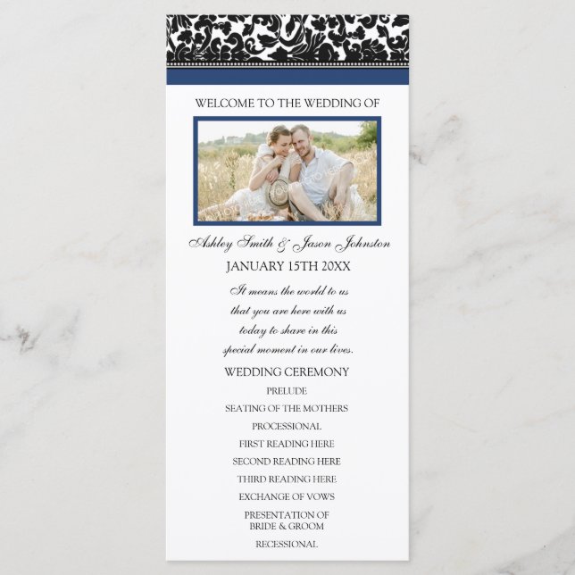 Blue Black Damask Photo Wedding Program (Front)