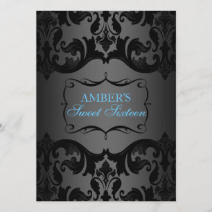 Blue & Black Damask Sweet 16 Birthday Invite