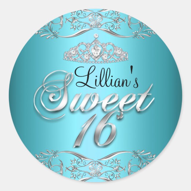 Blue Black Damask & Tiara Sweet 16 Sticker (Front)