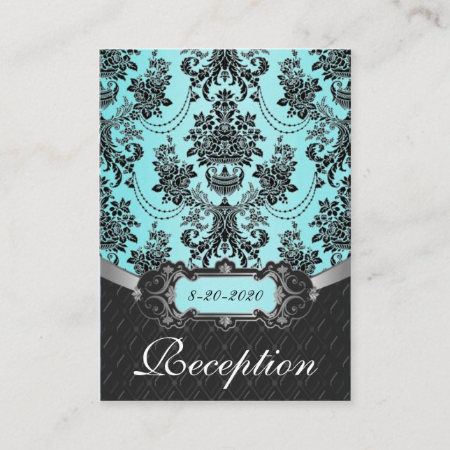 Blue Black Damask Wedding Reception Cards (Front)