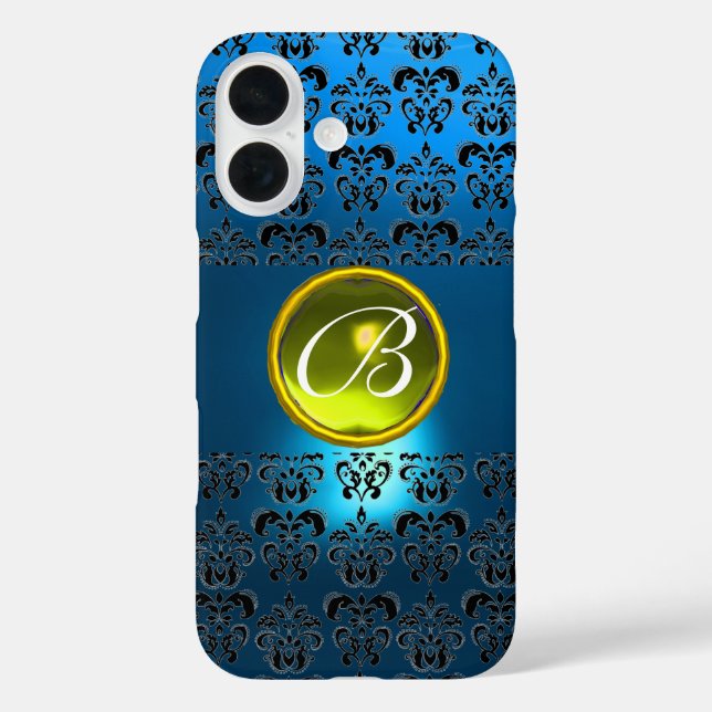 BLUE BLACK DAMASK YELLOW GEM MONOGRAM Case-Mate iPhone CASE (Back)