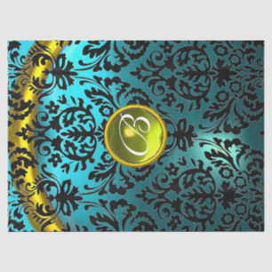 BLUE BLACK DAMASK YELLOW GEMSTONE MONOGRAM Floral  Tissue Paper