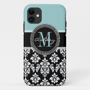 BLUE, BLACK DAMASK, YOUR MONOGRAM ,YOUR NAME iPhone 11 CASE