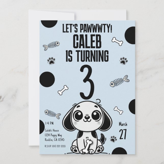 Blue & Black Fish Bones Puppy Dog Birthday Party  Invitation (Front)