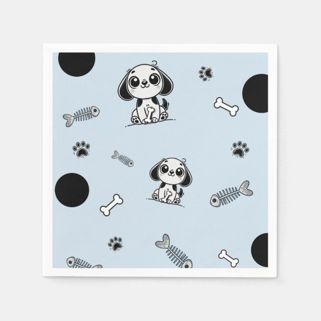 Blue & Black Fish Bones Puppy Dog Birthday Party  Napkin (Front)