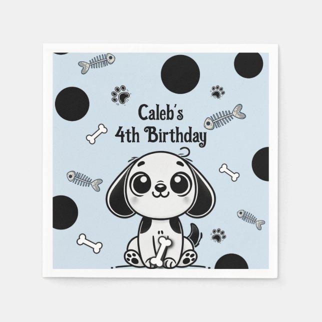 Blue & Black Fish Bones Puppy Dog Birthday Party  Napkin (Front)