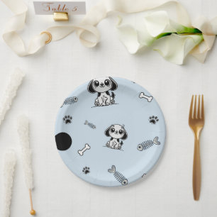 Blue & Black Fish Bones Puppy Dog Birthday Party  Paper Plate