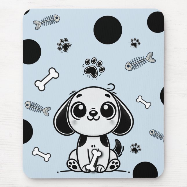 Blue & Black Fish Bones Puppy Dog Cute Office Mouse Pad (Front)