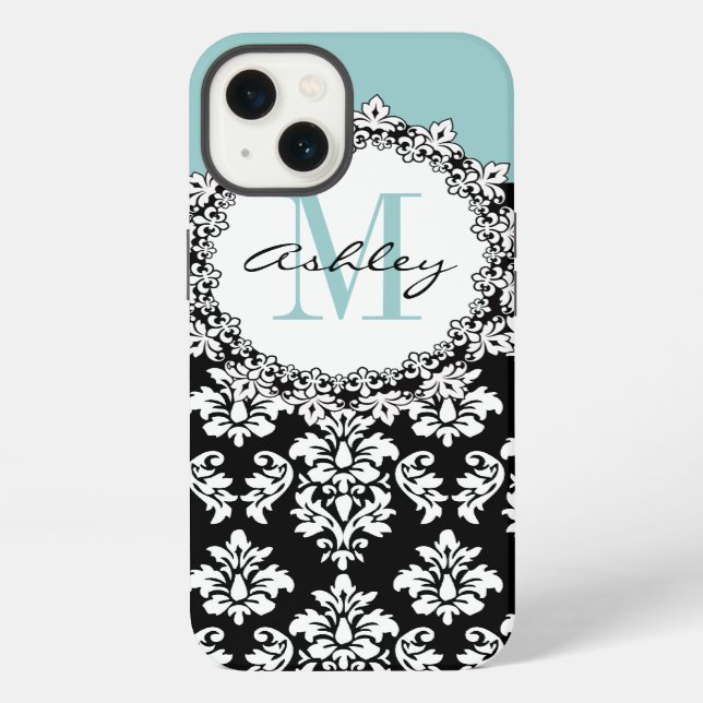 Blue Black Fleur de Lis Damask Monogram iPhone Case (Back)