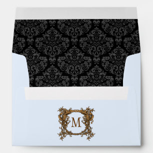 Blue & Black Floral Crest Damask Monogram Envelope