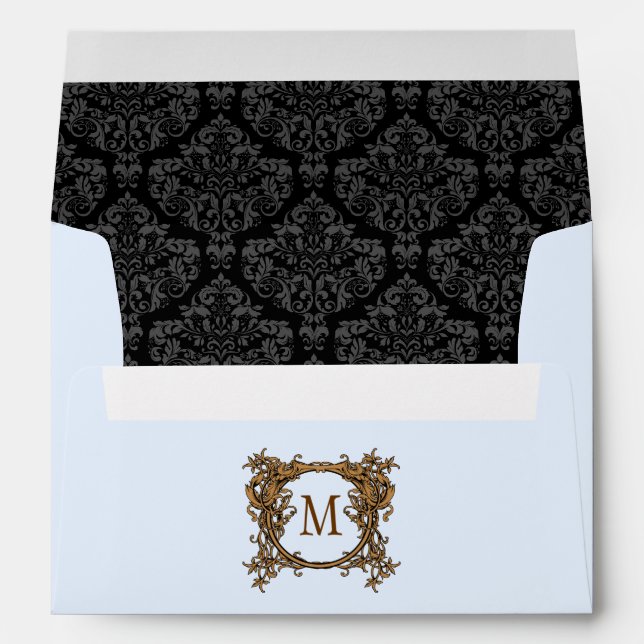 Blue & Black Floral Crest Damask Monogram Envelope (Back (Bottom))