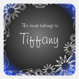 Blue black floral custom book sticker labels