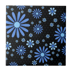 Blue & Black Flower Power Retro Floral Ceramic Tile