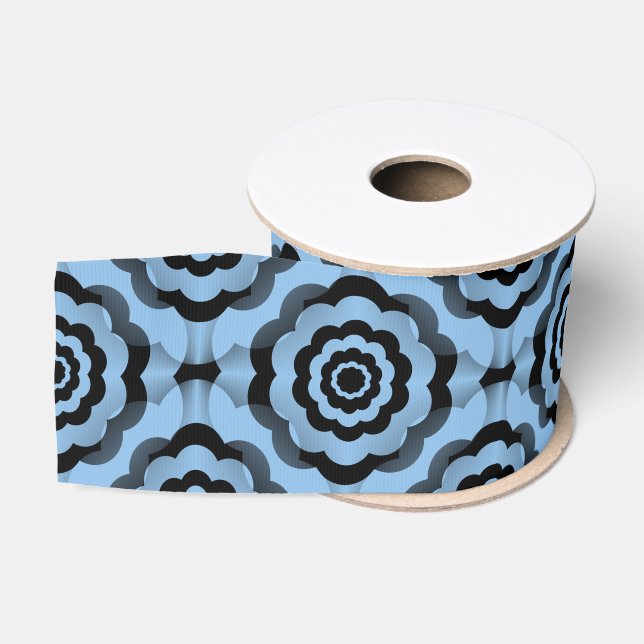 Blue Black Flower Seamless Pattern Grosgrain Ribbon (Spool)