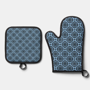 Blue Black Flower Seamless Pattern Oven Mitt & Pot Holder Set