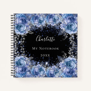 Blue black flowers glitter name glamourous  notebook