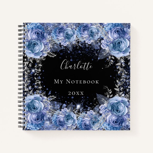 Blue black flowers glitter name glamourous  notebook (Front)