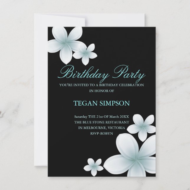 Blue & Black Frangipani Birthday Invite (Front)