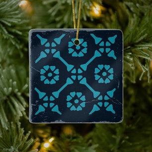 Blue Black Geometric Tile Board Game Distressed  Ceramic Ornament