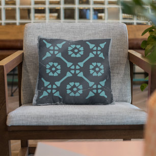 Blue Black Geometric Tile Board Game Distressed Cushion