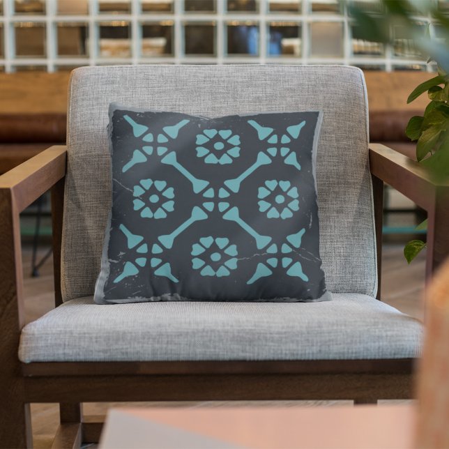 Blue Black Geometric Tile Board Game Distressed Cushion (Creator Uploaded)