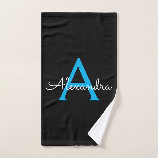 Blue Black Girly Script Monogram Name Hand Towel (Hand Towel)