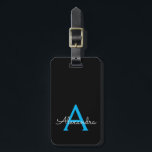 Blue Black Girly Script Monogram Name Modern Luggage Tag<br><div class="desc">Blue and Black Monogram Add Your Own Name Script Signature Pillow. The luggage bag tag makes the perfect sweet 16 birthday,  wedding,  bridal shower,  baby shower or bachelorette party gift for someone who loves a chic elegant and modern style.</div>