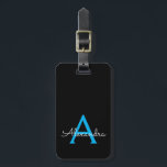 Blue Black Girly Script Monogram Name Modern Luggage Tag<br><div class="desc">Blue and Black Monogram Add Your Own Name Script Signature Pillow. The luggage bag tag makes the perfect sweet 16 birthday,  wedding,  bridal shower,  baby shower or bachelorette party gift for someone who loves a chic elegant and modern style.</div>