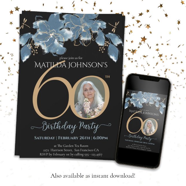 Blue Black Gold Custom Photo Floral 60th Birthday Invitation (Floral 60th Birthday Blue Black Gold Custom Photo Invitation)