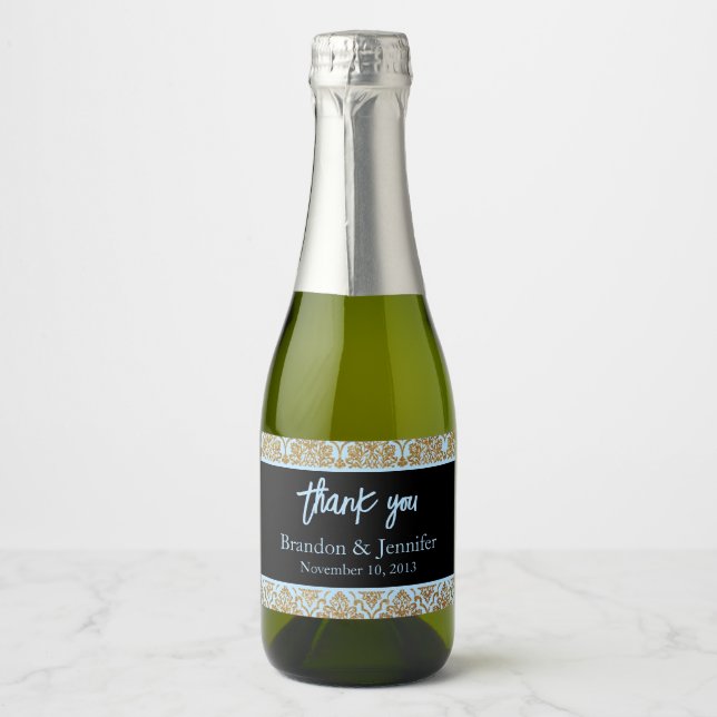 Blue Black & Gold Custom Wedding Sparkling Wine Label (Front)