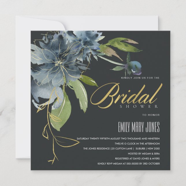 BLUE BLACK GOLD FLORAL WATERCOLOR BRIDAL SHOWER INVITATION (Front)