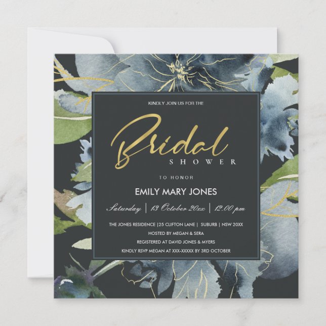 BLUE BLACK GOLD FLORAL WATERCOLOR BRIDAL SHOWER INVITATION (Front)
