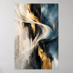 Blue Black Gold Flowing Ribbon Abstract Wall Art
