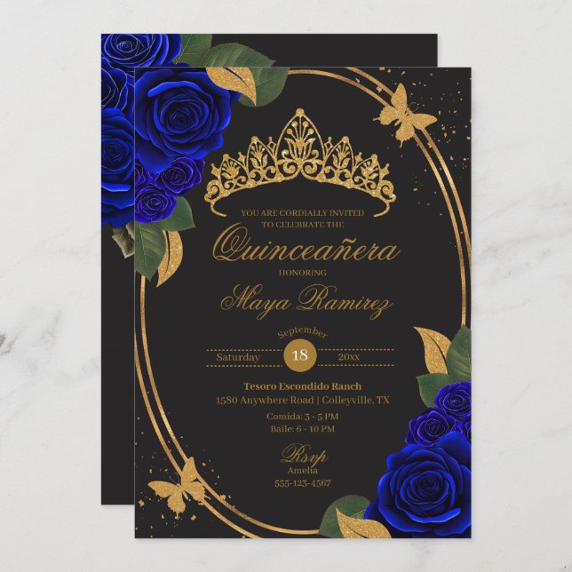 Blue Black Gold Glitter Butterfly Quinceañera  Invitation (Front/Back)