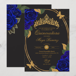 Blue Black Gold Glitter Butterfly Quinceañera Invitation