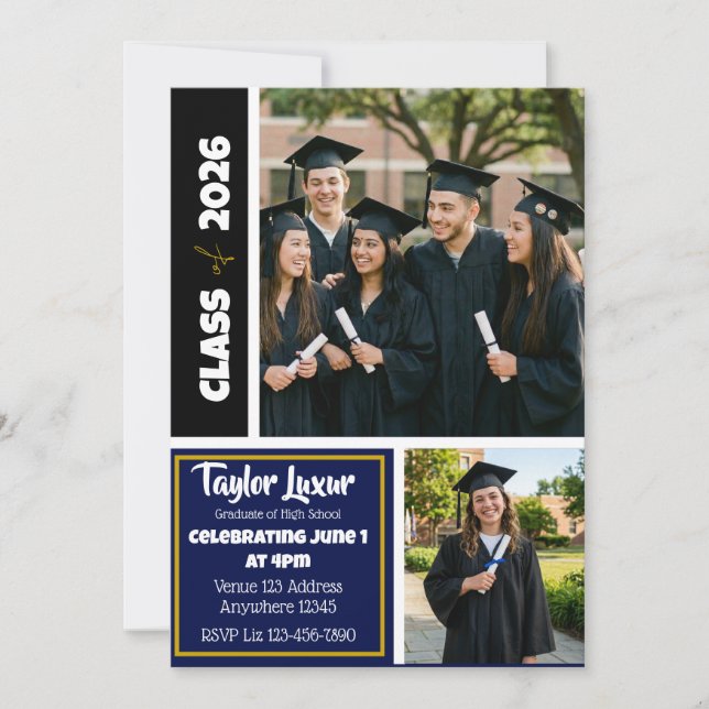Blue Black Gold Picture Border Graduation Invitation (Front)