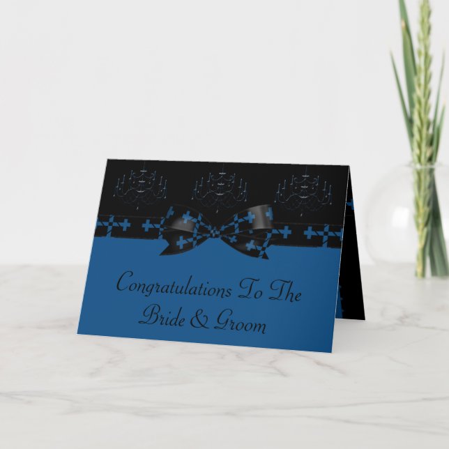 Blue & Black Gothic Chandelier & Cross Wedding Card (Front)