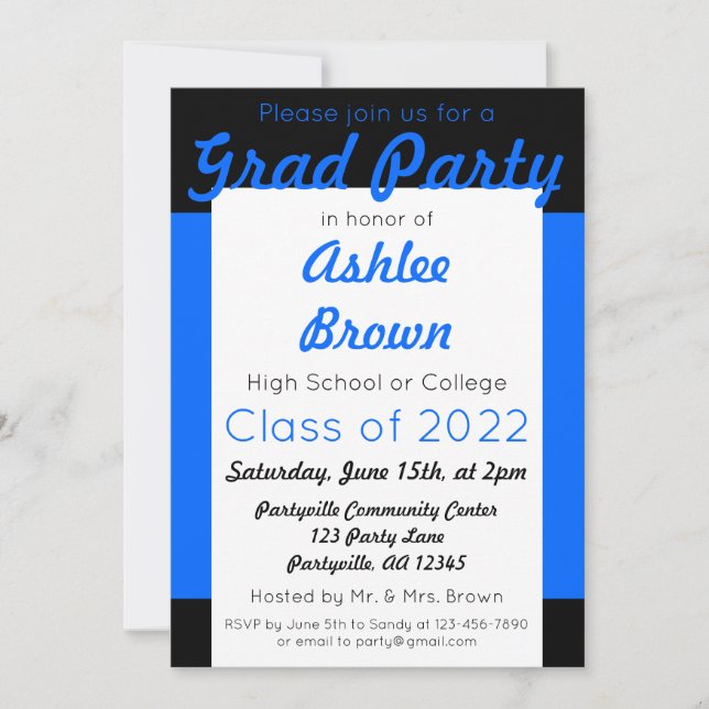 Blue Black Grad Party Bold Graduation Invitation (Front)