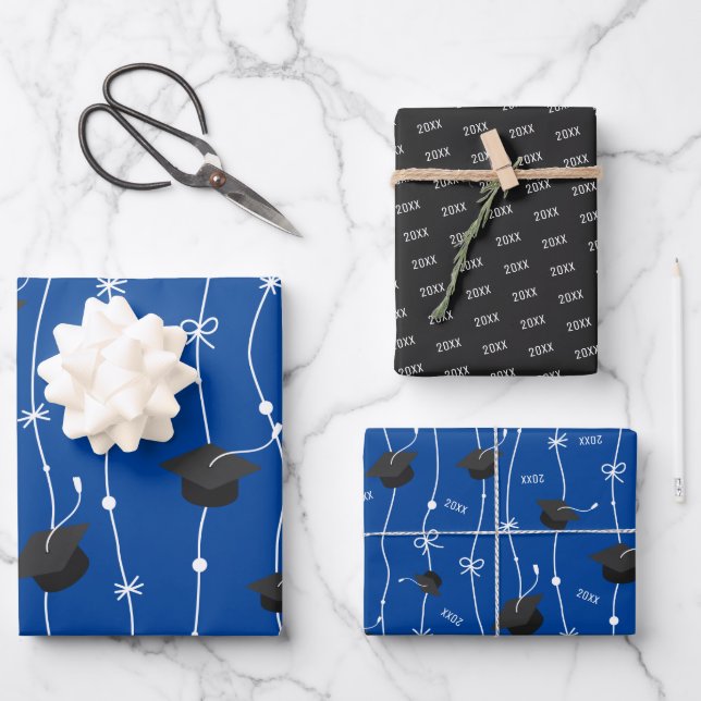 Blue & Black Graduation Cap Toss Wrapping Paper (Front)
