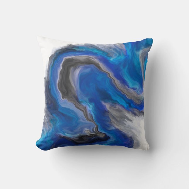Blue Black Grey Jewel Tone Fluid Art Painting Cushion (Front)
