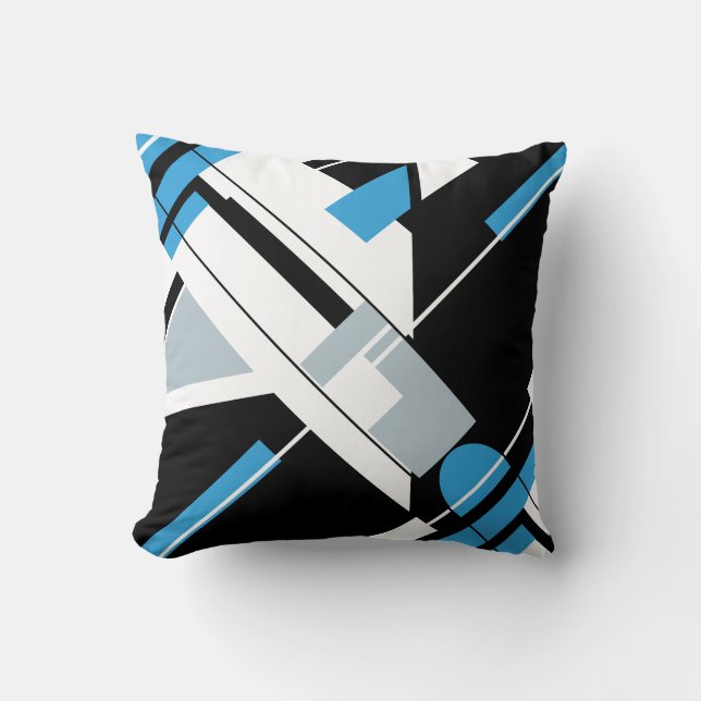 Blue Black Grey White Diagonal MCM-inspired Design Cushion (Front)