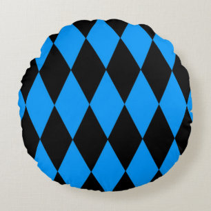 Blue Black Harlequin Diamonds Checkers Design Round Cushion