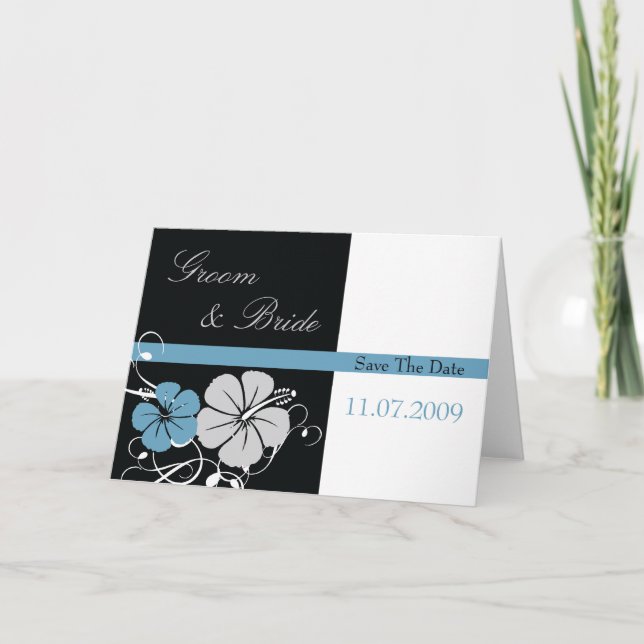 Blue & Black Hibiscus Save The Date Announcement (Front)