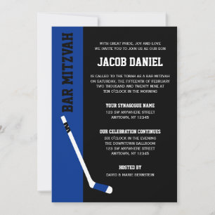 Blue Black Hockey Bar Mitzvah Invitations