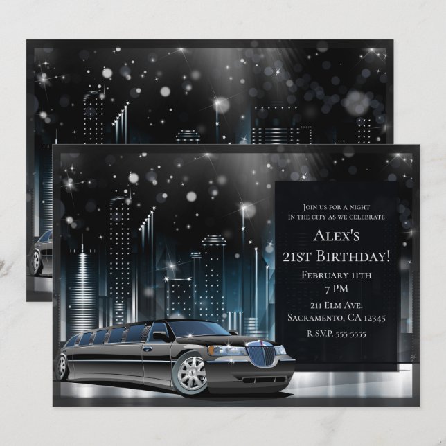 Blue & Black Limo Night in the City Birthday Party Invitation (Front/Back)