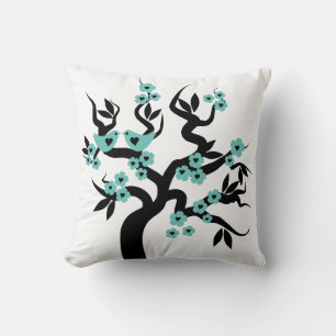 Blue black Love birds sakura cherry tree  blossoms Cushion