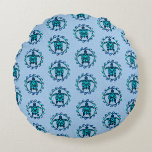 Blue Black Maori Sun Symbol Tribal Turtles Round Cushion