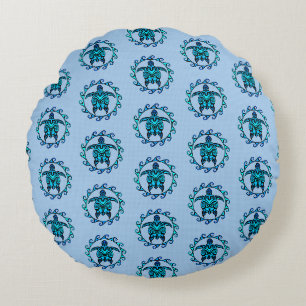 Blue Black Maori Sun Symbol Tribal Turtles Round Cushion