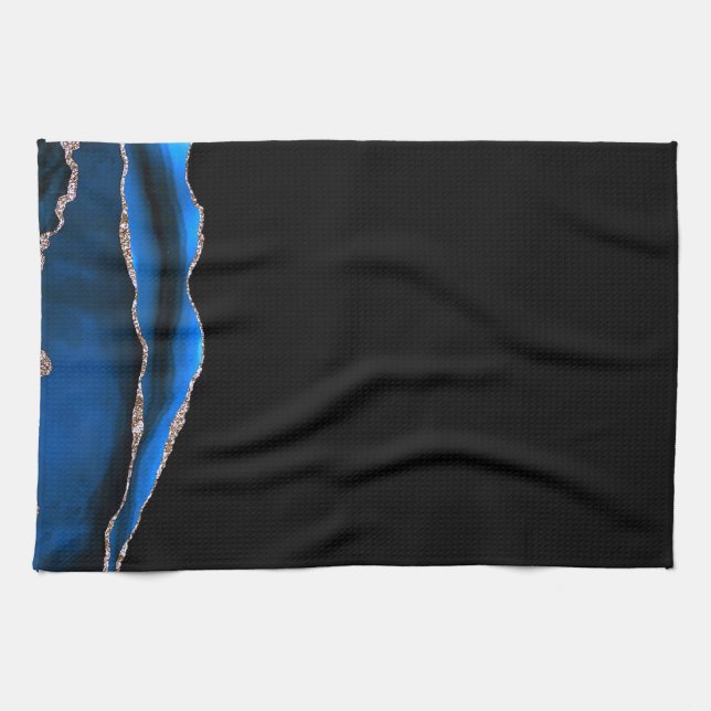 Blue Black Marble Gilded Agate Tea Towel (Horizontal)