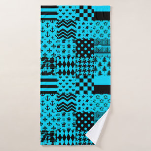 Blue Black Mixed Patterns Patchwork Design Bath Towel